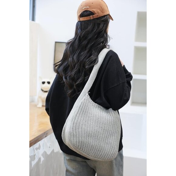 Women's Grey Shoulder Handbags Crocheted Bags Large Knit Bag Tote Bag - Picture 9 of 9